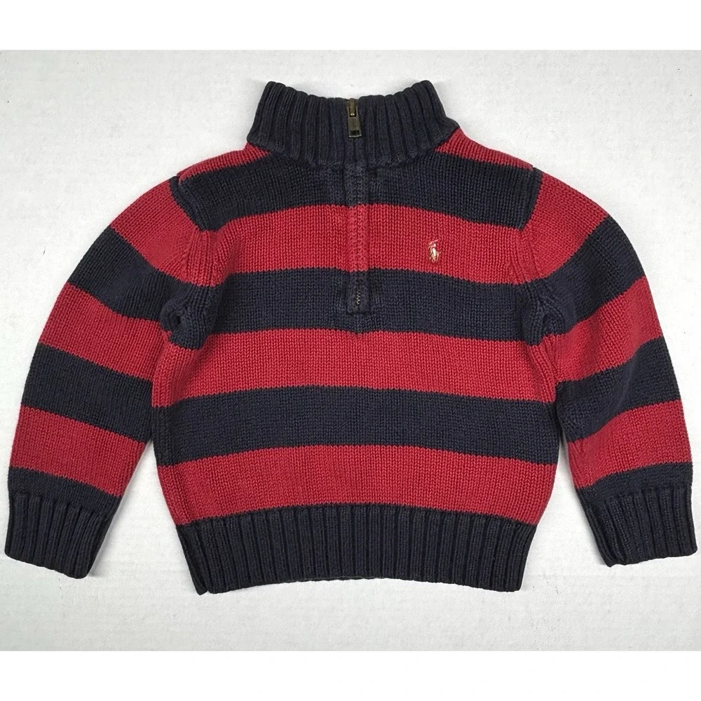 VTG Polo Ralph Lauren Boy‎ 24M Sweater Knitted Pullover Rugby Striped Navy EUC - Picture 2 of 7